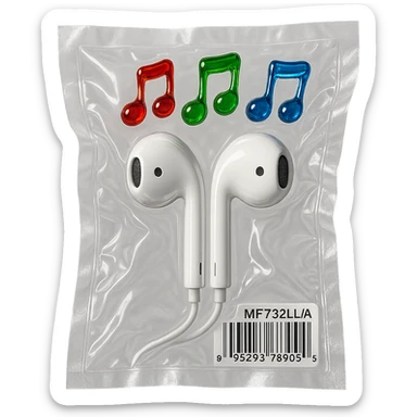 pair of white EarPods with three distinct colorful glass music notes floating above, glossy and puffy sticker