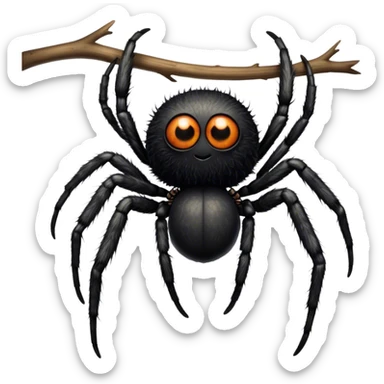 Large black fluffy spider with a big round abdomen and short hairy legs sitting on a branch, staring at us. Detailed texture of the spider’s fur and body. Transparent background. sticker