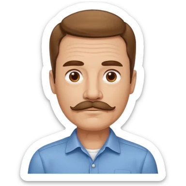 man with mustache, brown hair, 50 years old, shirt, high temple sticker