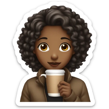 Light brown girl with black curly hair and a hot chocolate sticker