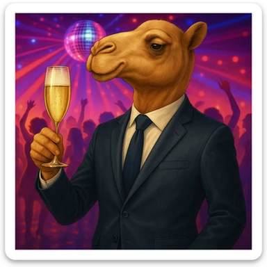 Add a party background with disco lights and people dancing, keeping the camel in a business suit drinking champagne as the focus. sticker
