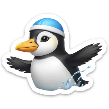 A cheerful penguin swimmer in swim cap, doing a playful backstroke with water rings popping around.
 sticker