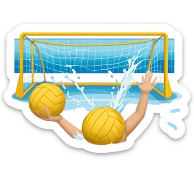 An icon featuring a yellow water polo ball floating on the water with goals in the background, inside a swimming pool. The design includes splashes and ripples, symbolizing the fast-paced action and strategy of water polo. Transparent background highlights. sticker
