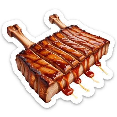 Cinematic juicy grilled ribs, glistening with smoky barbecue sauce, charred edges, tender meat falling off the bone, sizzling on a hot grill, mouthwatering and rich, warm and inviting, ultra-realistic and delicious. sticker