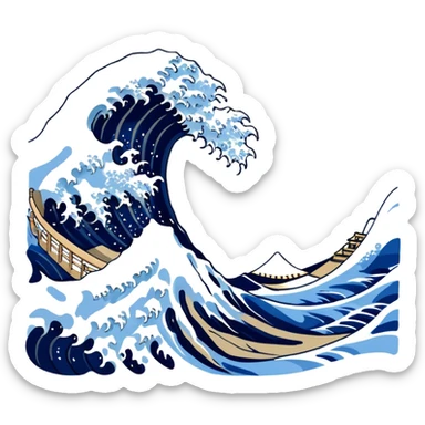 Cinematic Realistic Great Wave off Kanagawa, depicted as a colossal, crashing wave with dynamic blue hues and frothy white crests, rendered with intricate textures and fluid motion that captures both the timeless power and poetic beauty of the iconic Japanese artwork sticker