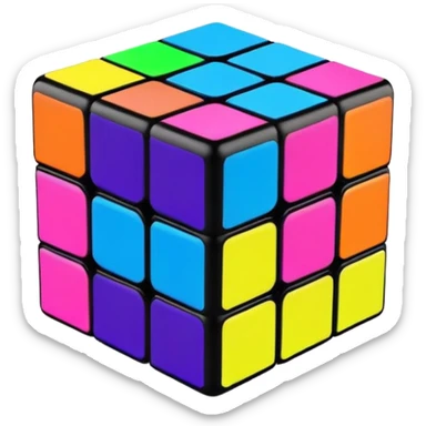 A 3x3 Rubik's Cube with fluorescent colors: glowing green, radiant pink, brilliant blue, luminous yellow, vivid orange, intense purple, minimalist iOS emoji style sticker