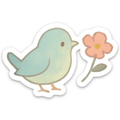 tiny pastel bird silhouette, Japanese hand-drawn style, full object, transparent background, with a tiny flower sticker