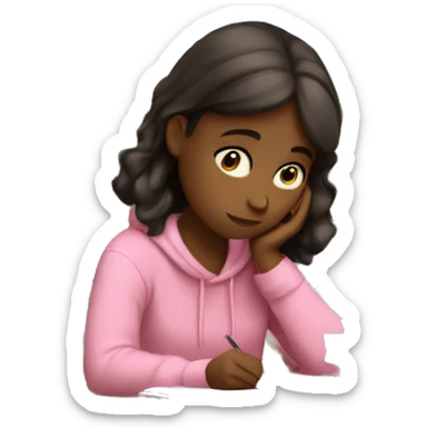 Tired girl student in pink sweater studying among books and computer   sticker