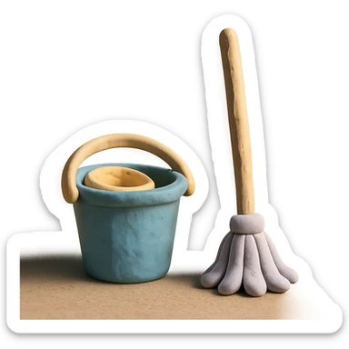 bucket and mop in claymation style, pastel colors, visible fingerprints, soft matte finish sticker
