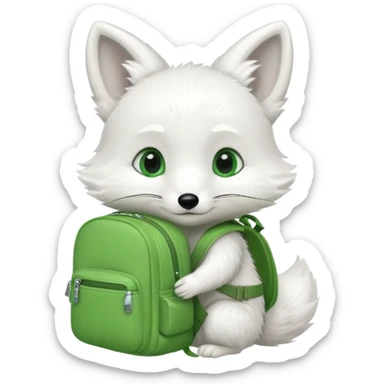 baby white fox wear green backpack sticker