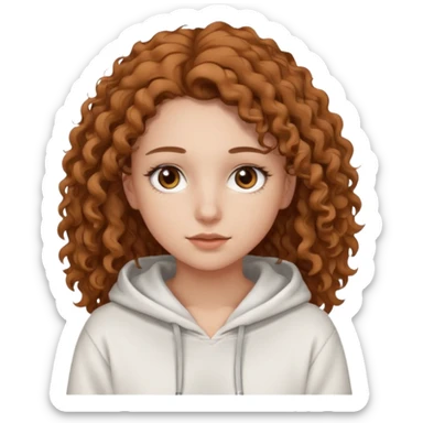 Una ragazza con una felpa semplice bianca,ha gli occhi marroni,i capelli marroni chiaro , c’è gli ha lunghi e ricci ma non troppo e ha le ciglia sticker