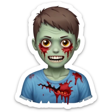zombie boy with brown short hair, white skin, and white eyes; an open smile, and bloodied teeth; sticker