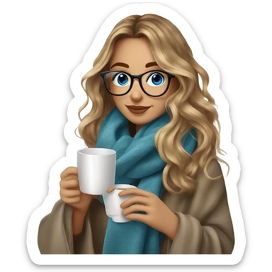 Balayage hair Girl drinking coffee, with a cozy blanket wearing glasses with blue eyes beautiful  sticker