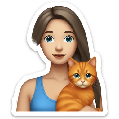 long hair brunette girl with blue eyes holding an orange cat sticker