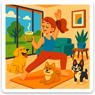 woman doing yoga in a modern house with a grassy yard, matcha latte in hand, dogs happily surrounding her sticker