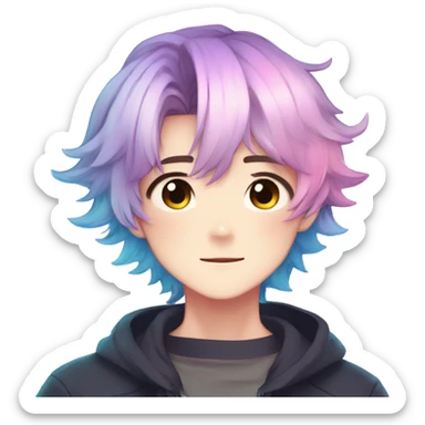 Gorgeous anime style boy with blushing face aesthetic and pretty colorful shiny gradient pastel hair trending style sticker