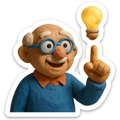 elderly man pointing his finger up at a light bulb, pretending that he has an idea sticker