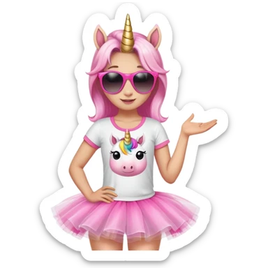 friendly anthropomorphised female unicorn in tutu and pink t-shirt, wearing dark sunglasses, relaxed pose, head and shoulders portrait sticker