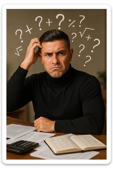 a man sits at a desk cluttered with papers, a calculator, and a notebook filled with numbers and equations. He scratches his head, eyebrows furrowed in confusion, while mathematical symbols and question marks float around his head. The background is softly blurred, emphasizing his puzzled expression. sticker