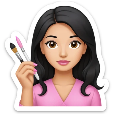 Pink Nail Tech with black long hair holding small acrylic brush sticker