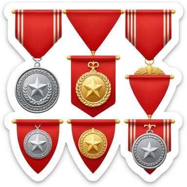 Icon for Collecting Orders, Medals & Badges: a variety of medals, orders and badges displayed on a large red pennant with fringed edges. The icon should convey the prestige and historical value of these collectibles. Transparent background. sticker