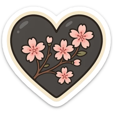 goth sakura heart, black heart with sakura branch and blossoms, pink highlights, playful and sweet sticker