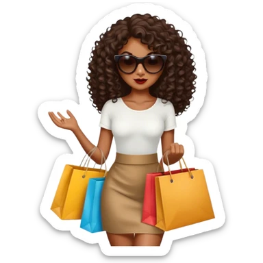 Rich dark brown girl with dark brown mid-length curly hair expensive retail shopping bags and sunglasses sticker