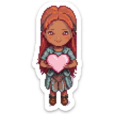 pixel art of a pink heart with a girl character with red hair, brown eyes, brown skin integrated into the heart design sticker