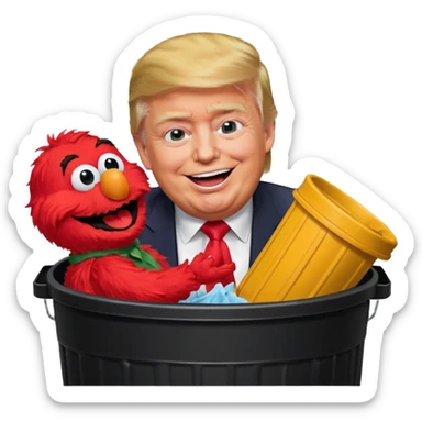 trump laughing while stuffing elmo in trash can sticker
