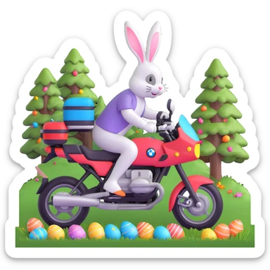 Easter bunny riding a BMW boxer motorcycle with trees and grass in the background and colorful Easter eggs hidden in the grass sticker