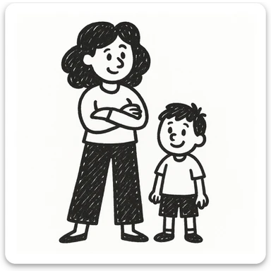 Create an image of a confident mom with a child by her side in the style of hand drawn notion doodles. The style is doodle, which does not support text editing, so use the general style editor to replicate the doodle look. sticker