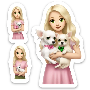 pale blond girl with wavy long platinum hair with green eyes holding a white chihuahua puppy that wearing a pink bow sticker