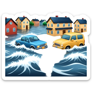 showing a flood disaster scene with strong water waves overflowing streets, partially submerged houses and cars, dark cloudy sky sticker