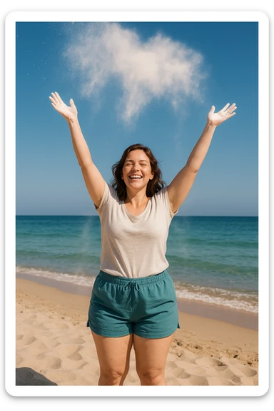 Donna in spiaggia che butta il borotalco italiano, la donna è intorno ai 66kg sticker