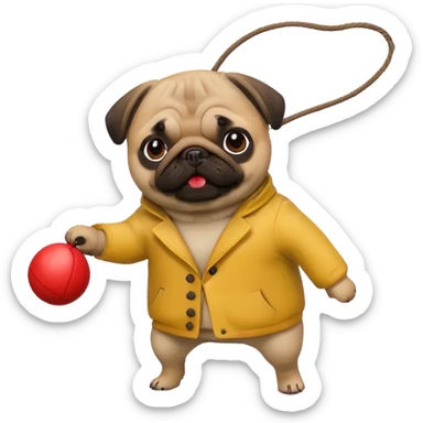 A pug in a yellow coat holds a red ball on a string sticker