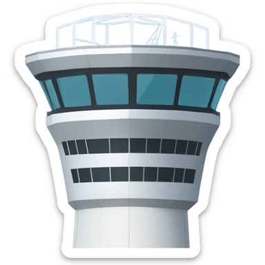An air traffic control tower stands tall, its sleek, high-tech design featuring glass panels that reflect. sticker