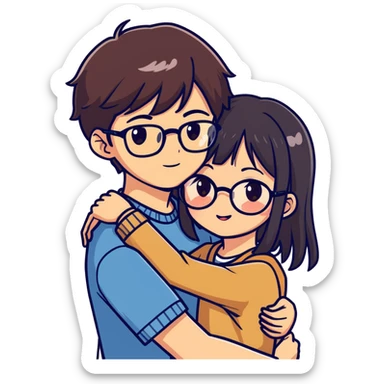 A handsome boy with big hazel eyes, slightly protruding ears, a sharp jawline, dark brown hair and a very sweet Asian girl with medium-length dark hair and bangs, brown eyes and glasses are hugging. sticker