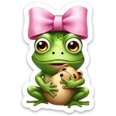Frog wearing pink bow on head while holding teddybear in his hands sticker