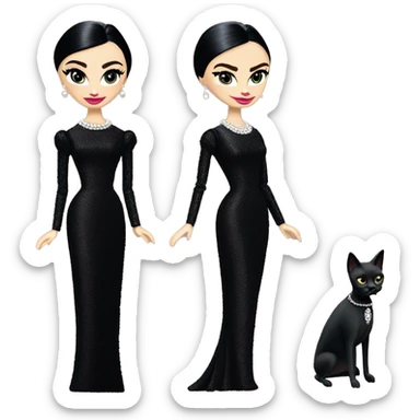 Audrey Hepburn as Sabrina Barbie.Morticia Addams. Show full body. Embroidered long black gown jewelry gloves pearl earrings  sticker