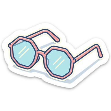 stylish eyeglasses for vision with diopters, hexagonal frame, three-quarter view, vector look with shadows and glare, detailed shading, thin clean outlines, pastel palette, Japanese pop art, sticker look, highly detailed sticker