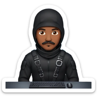 african-american mustache mercenary black asymmetrical ninja hacker terminal command center sticker