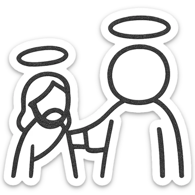 hand drawn cutesy tiny Jesus and a person, both with halos, so small that faces are not visible sticker