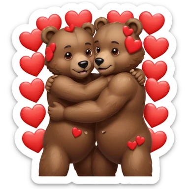 two muscular bears hugging, surrounded by hearts, playful and loving sticker