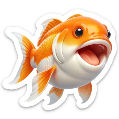 Cinematic Cute Yawning Orange and White Goldfish Portrait Emoji, Head tilted slightly with a dramatic, wide-open yawn, showcasing a smooth body with a balanced blend of orange and white, graceful fins slightly drooping, round golden eyes barely open in drowsy contentment, Simplified yet irresistibly adorable features, highly detailed, glowing with a soft, cozy glow, high shine, relaxed yet expressive, stylized with a touch of whimsy, bright and endearing, soft glowing outline, capturing the essence of a sleepy yet affectionate goldfish, so drowsy it feels like it could float out of the screen and curl up for a nap! sticker