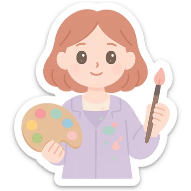 Serene female oil painter, Caucasian features, shoulder-length auburn hair, soft brown eyes, gentle smile, wearing a violet painter’s smock lightly stained with paint over a beige blouse, holding a wooden palette with vibrant colors in one hand and a brush in the other, waist-up, front-facing sticker