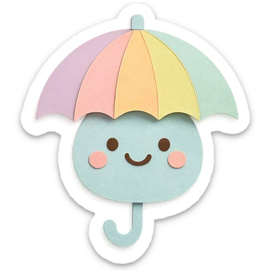 kawaii rainbow umbrella, smiling face, soft pastel palette, no arms or legs, full body, paper craft style sticker