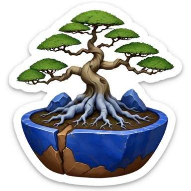 Aged bonsai two toned lapis blue terracotta Roots Stoneware akadama moss on soil irregular angular Stone Age rocks cracked crags and broken rough edges forming a very short shallow flat Yixing forest pot sticker