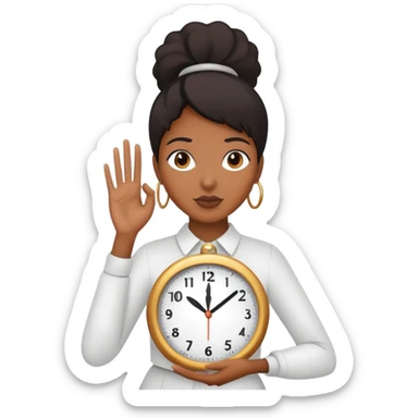 black woman holding a clock in one hand and holding her other hand like 🤏🏾 sticker