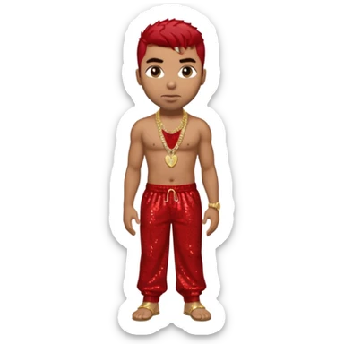 Ginuwine with red sequin baggy pants, shirtless with necklace, dark brown hair sticker