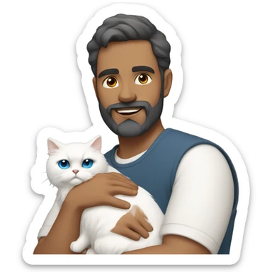 Latin man with beard holding white persian cat with blue eyes  sticker